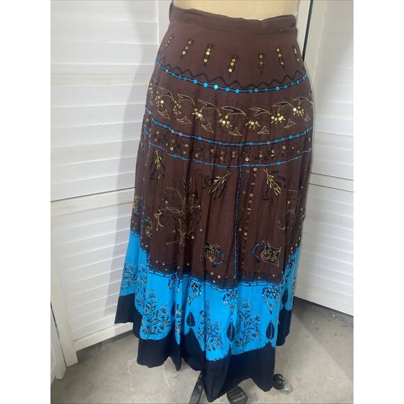 Ishyu Women's Brown Blue Gold Sequin Embroidered Midi Skirt Boho Festival 28” - Picture 6 of 10